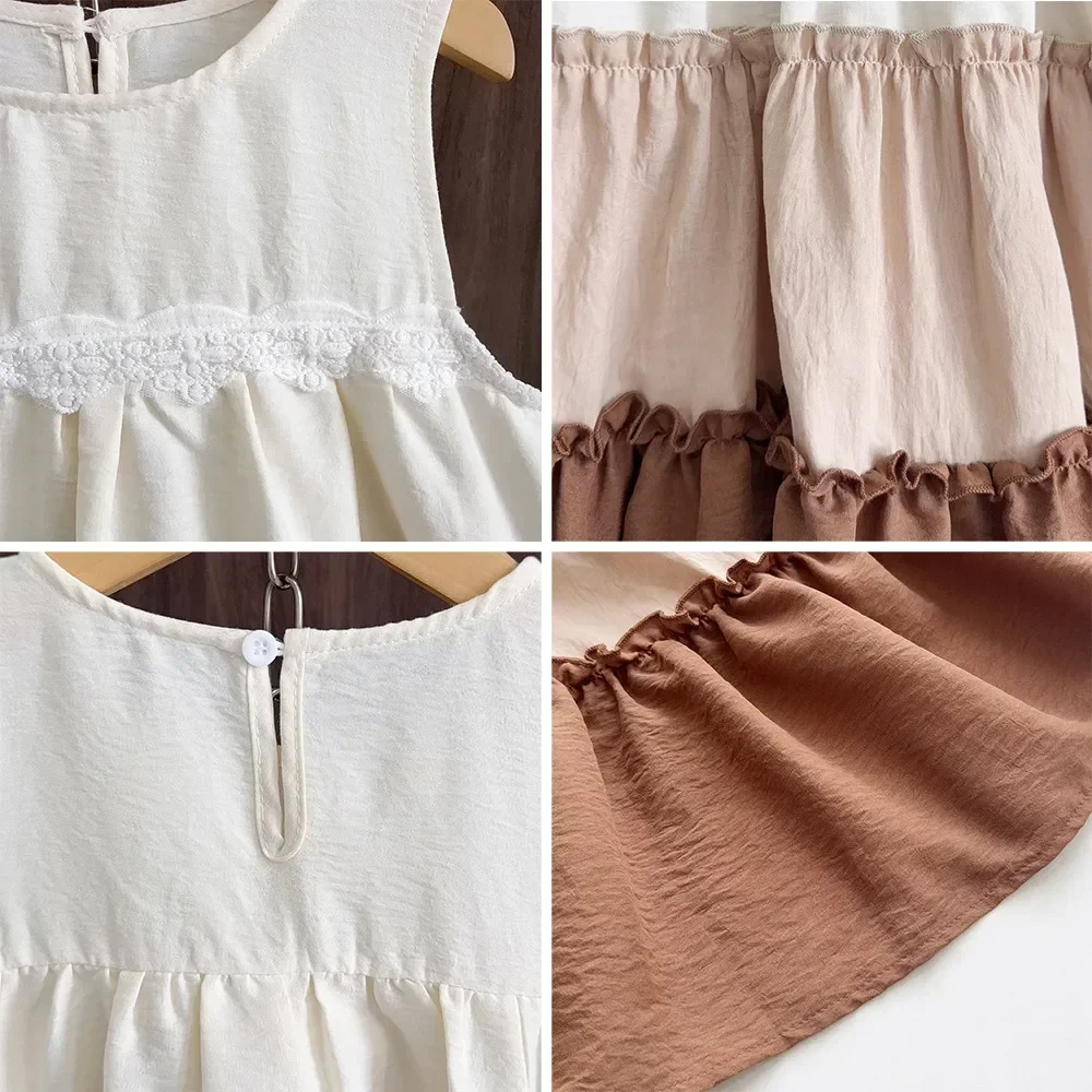 فساتين غير رسمية صيفية للفتيات من الدانتيل بدون أكمام لعام 2025 فستان الأميرات الكوري على الموضة مقسمة 4-7 سنوات ملابس أطفال كتلة الألوان #6