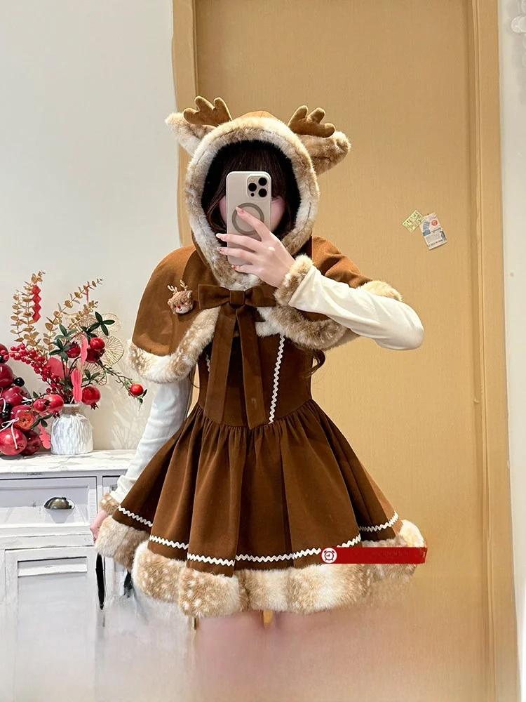 

Очаровательный комплект из кофта-холщика и пальто с оленьим принтом для девушек, модный зимний наряд, создающий уютную атмосферу, комплект из двух предметов для подростков