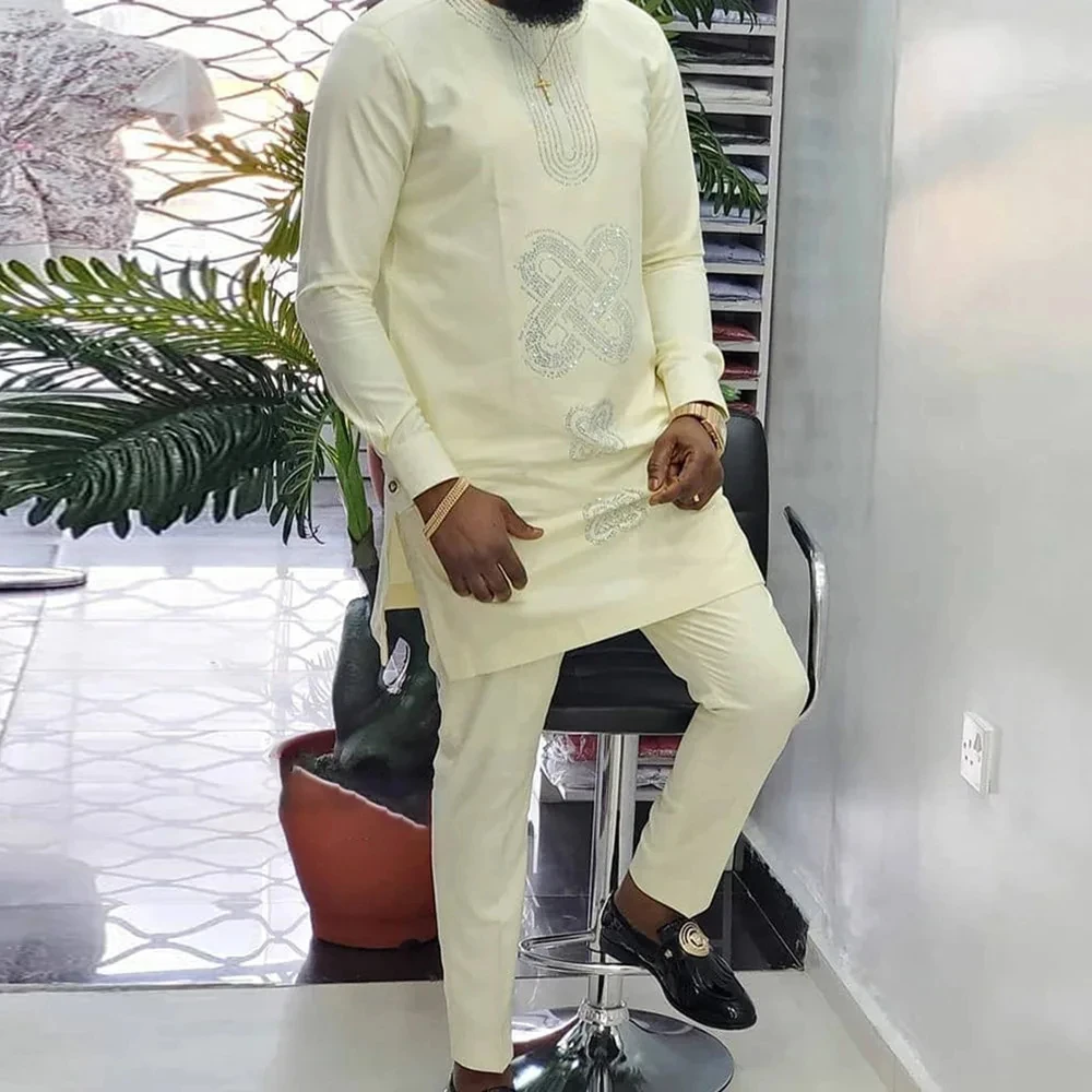 Men\'s New Traditional Native Wears Mens Long Sleeves Outfit Embroidered Modern Dashiki Shirt & Pants Wedding Dress For Men