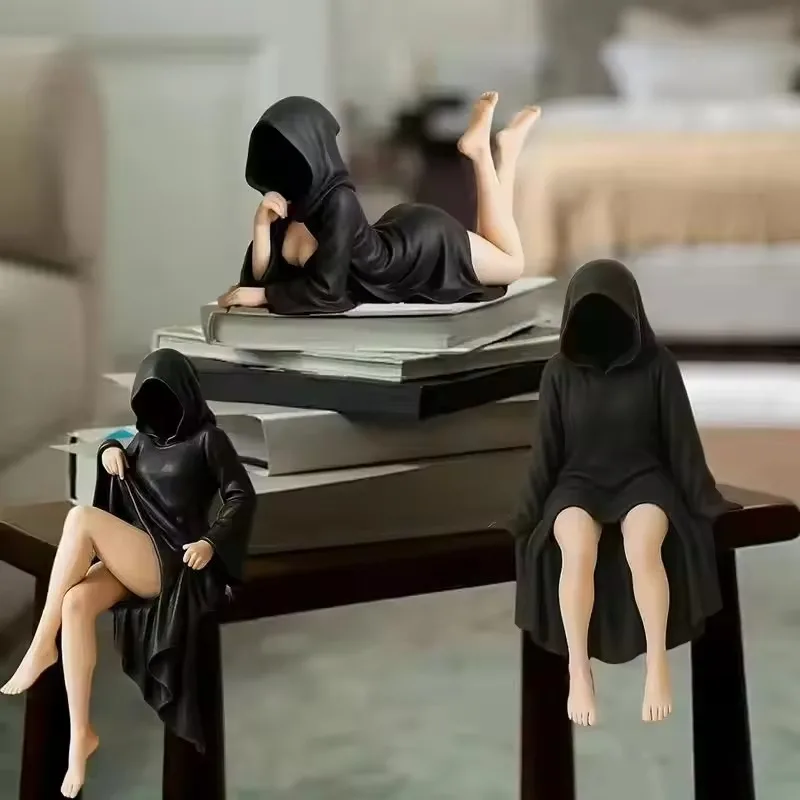 3 個デスクトップ装飾樹脂黒服女性アクションフィギュアモデルオフィス本棚神秘的な像ハロウィン装飾