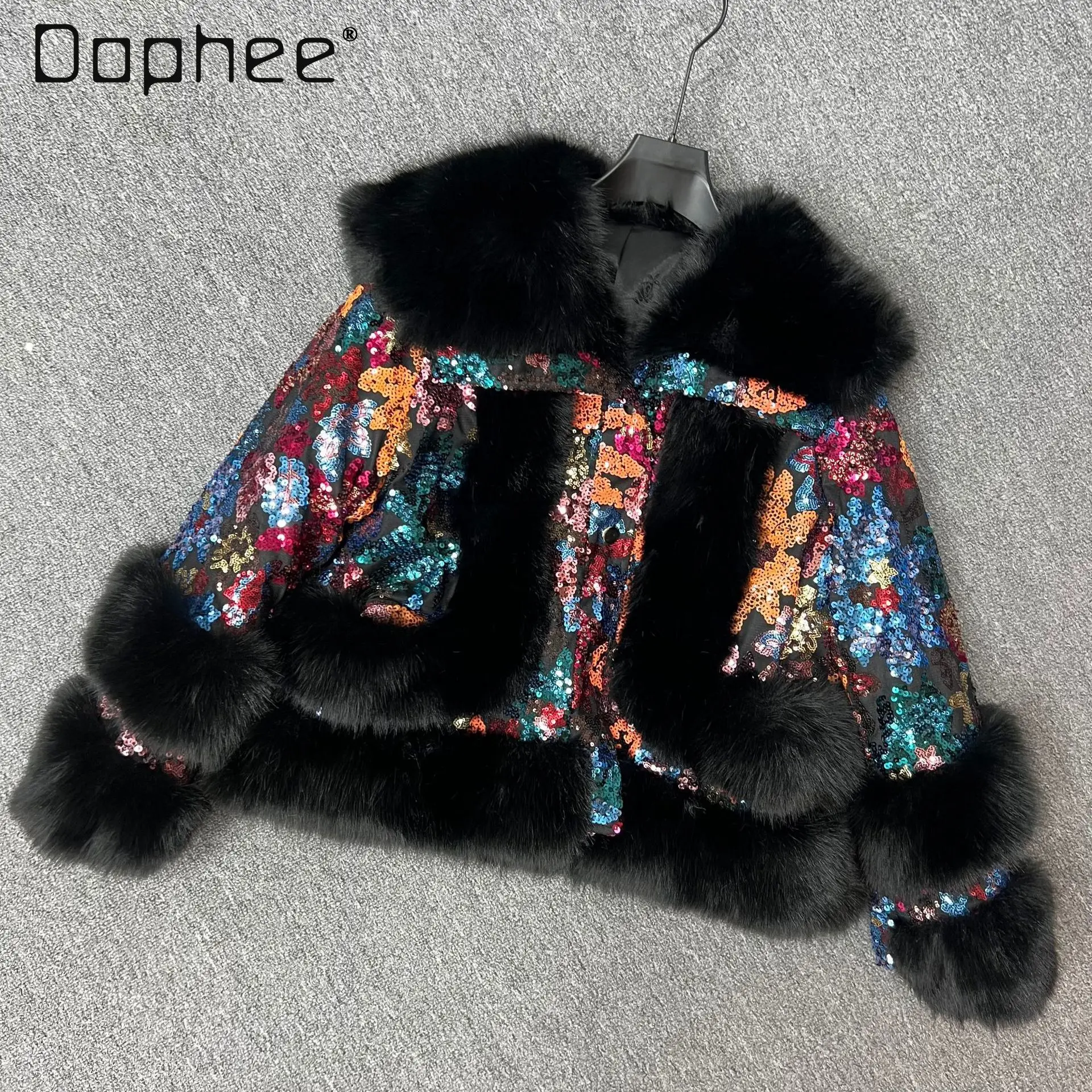 

European Style High-End Faux Fox Fur Coat Women Winter New Fashion Sequin Patchwork Thickened Cotton Sweet Chic Plush Coats