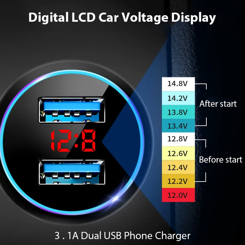 

Dual USB Socket 3.1A Phone Charger Cigaretter Light Plug Power Adapter 2 Ports USB Digital LCD Voltage Display for 12V 24V Cars