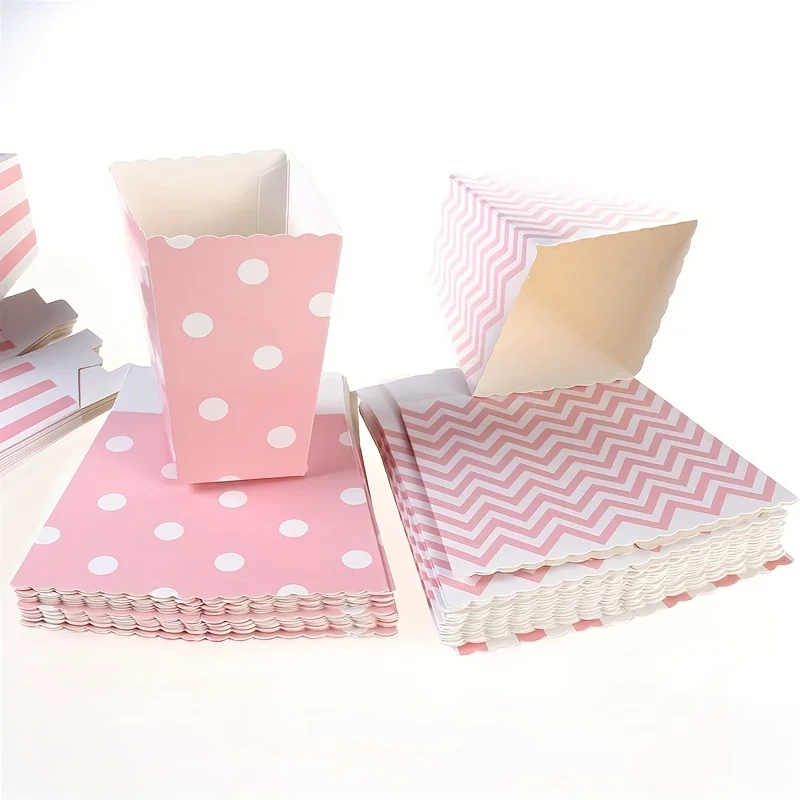 12pcs/pack, Pink Paper Popcorn Boxes, Striped Polka Dot Candy Box For Party Favor Great For Home Movie Theater Carnival view 3