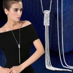 New Rhinestone Cylinder Statement Tassel Long Necklace Women Pendants Fashion Jewelry Sweater Chain Necklaces Gifts