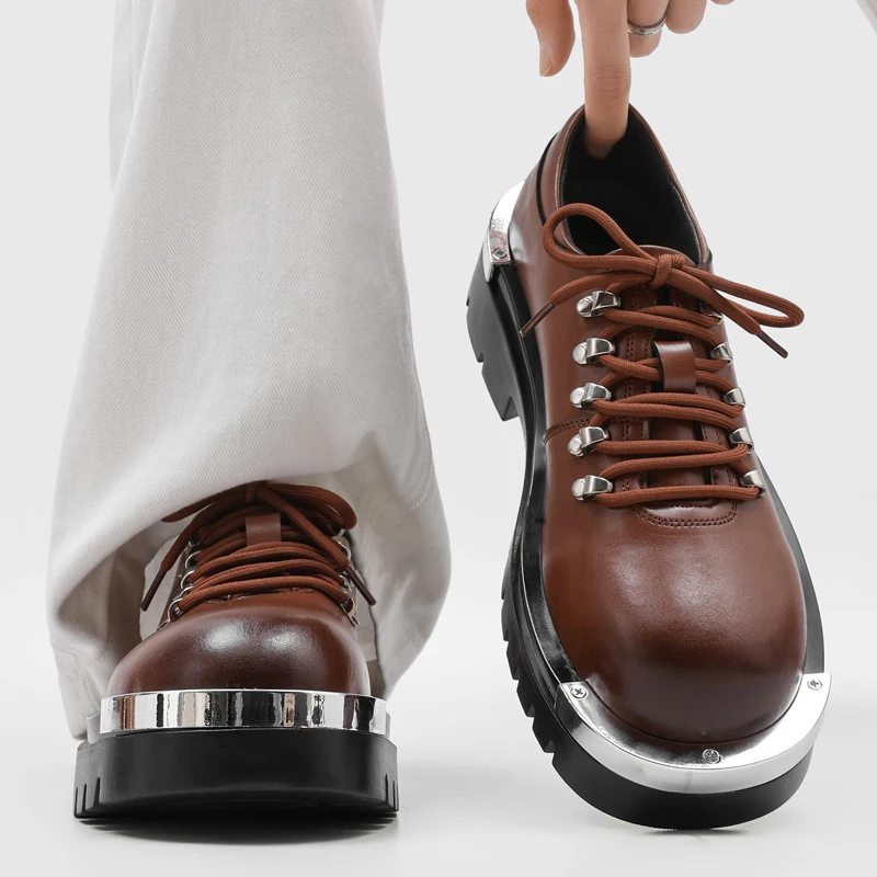 Trendy Brand Thick Soled Men Retro Casual Shoe with Niche Design Metal Anti-collision Wear-resistant Height Increasing Commuting