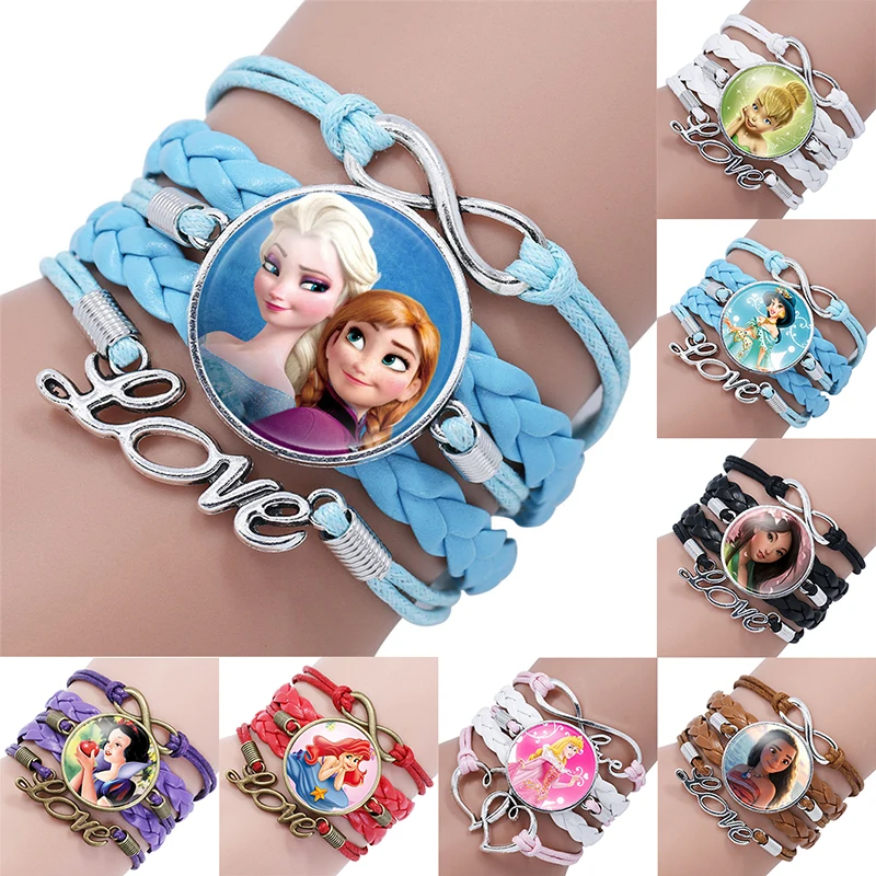 Disney Princess Frozen 2 Elsa Anna Cinderella Moana Princess Bracelet Anime Figure Series Gemstone Wristband Girl Jewelry Gifts