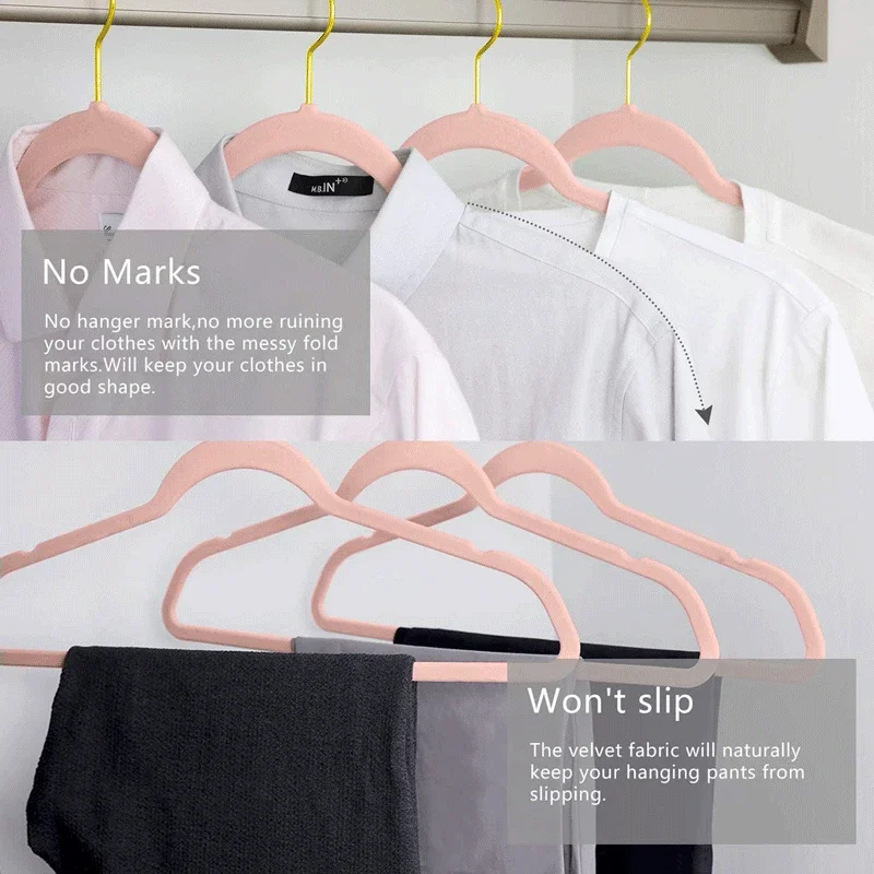 10pcs Gold Hook Anti-Slip Flocking Hanger Pants Rack Tie Rack Adult Clothes Clothing Store ABS Magic Hanger Wardrobe Storage