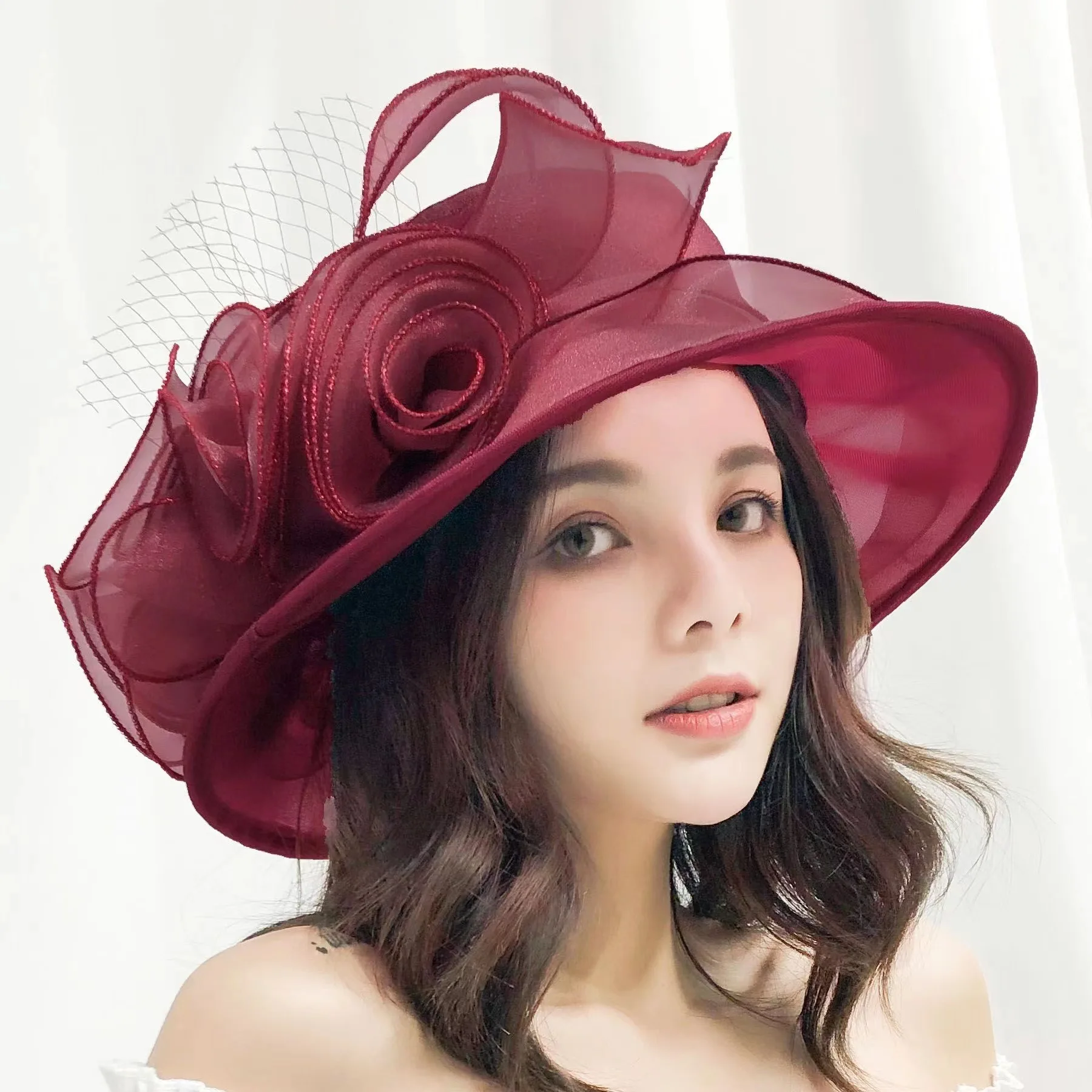 Organza Sunhats for Women Wedding Hat Elegant Flower Mesh Ruffles Wide Brim Sunscreen Kentucky Derby Church French Vintage Hat