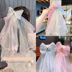 Girls Princess Korean Version Long Gauze Wedding Headwear Children's Cute Crown Float Yarn Hairpin Girls' Veil Hair Accessories