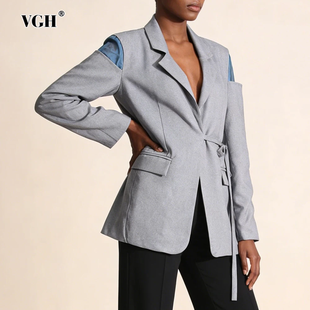 

VGH Korean Style Design Sense Loose Blazers For Women Lapel Long Sleeve Hit Color Spliced Button Autumn Chic Jackets Female New