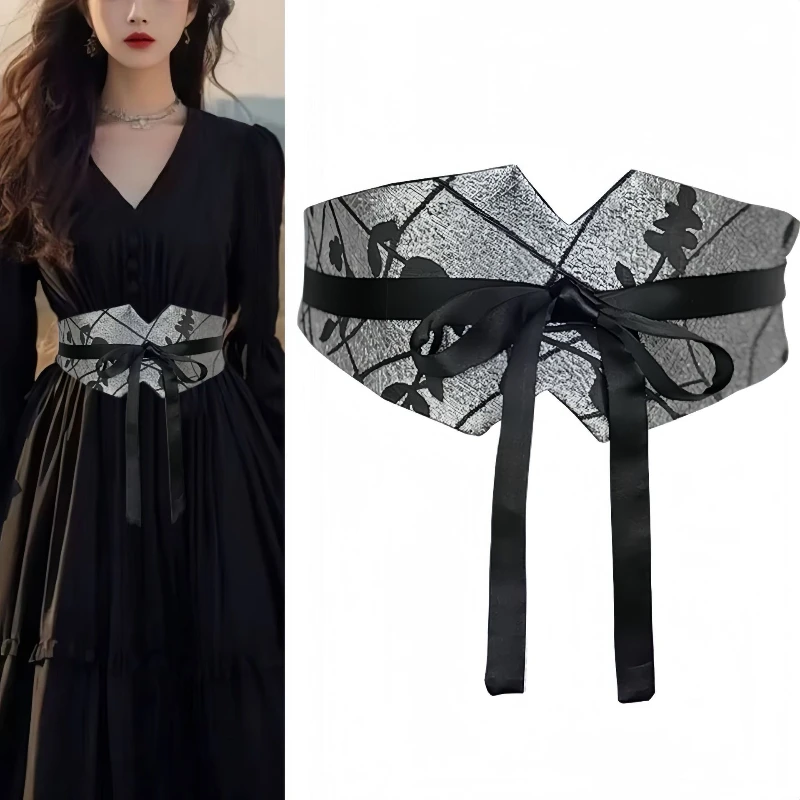 Black silver jacquard high-grade ethnic style new Chinese fashion women's wide waist tie with dress suit shirt waist