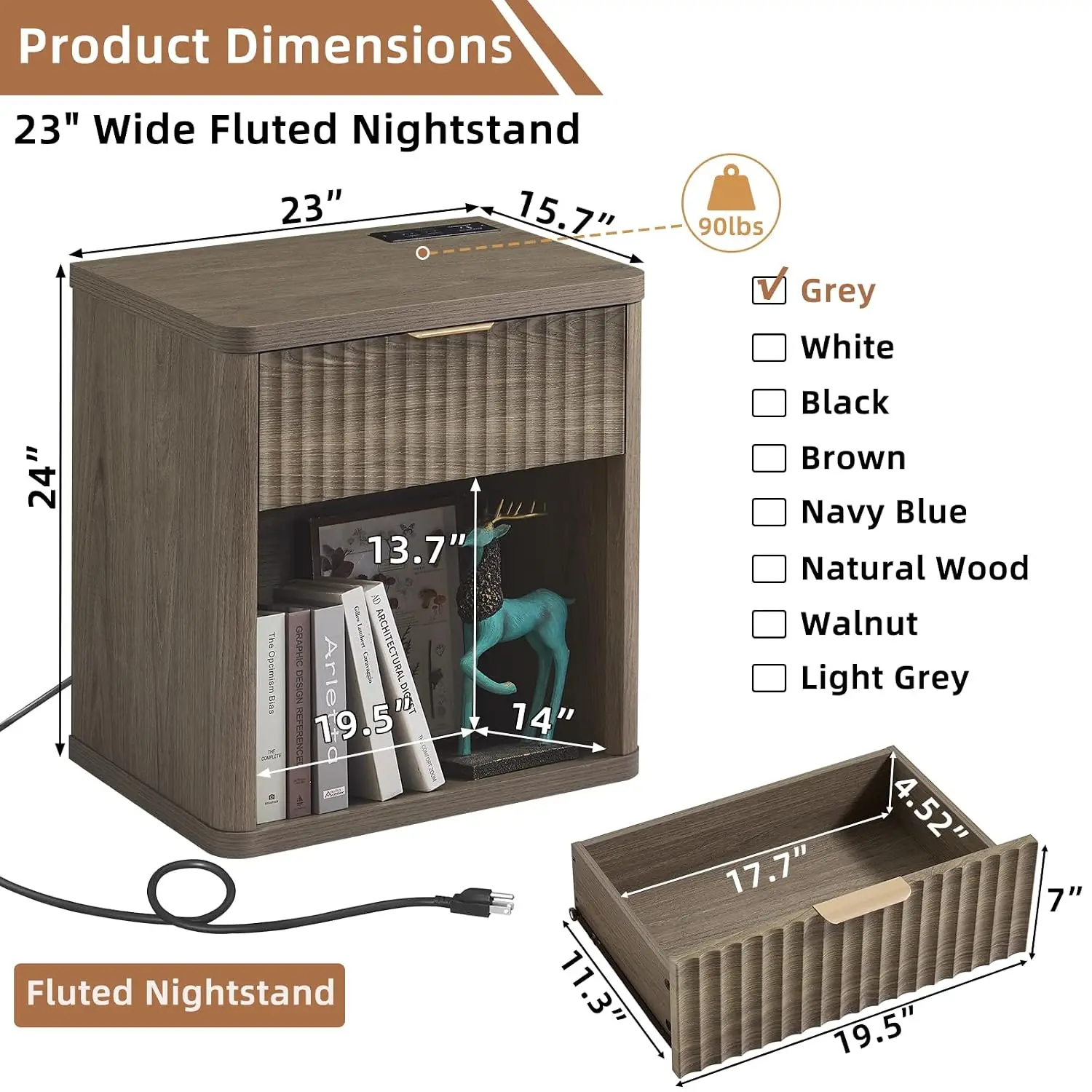 Fluted Nightstand With Charging Station, 23
