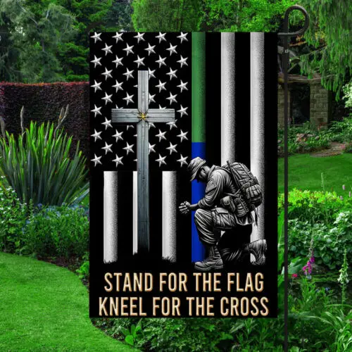 Veteran Kneeling Christ Cross Thin Green & Blue Line American Flag  Garden Flag