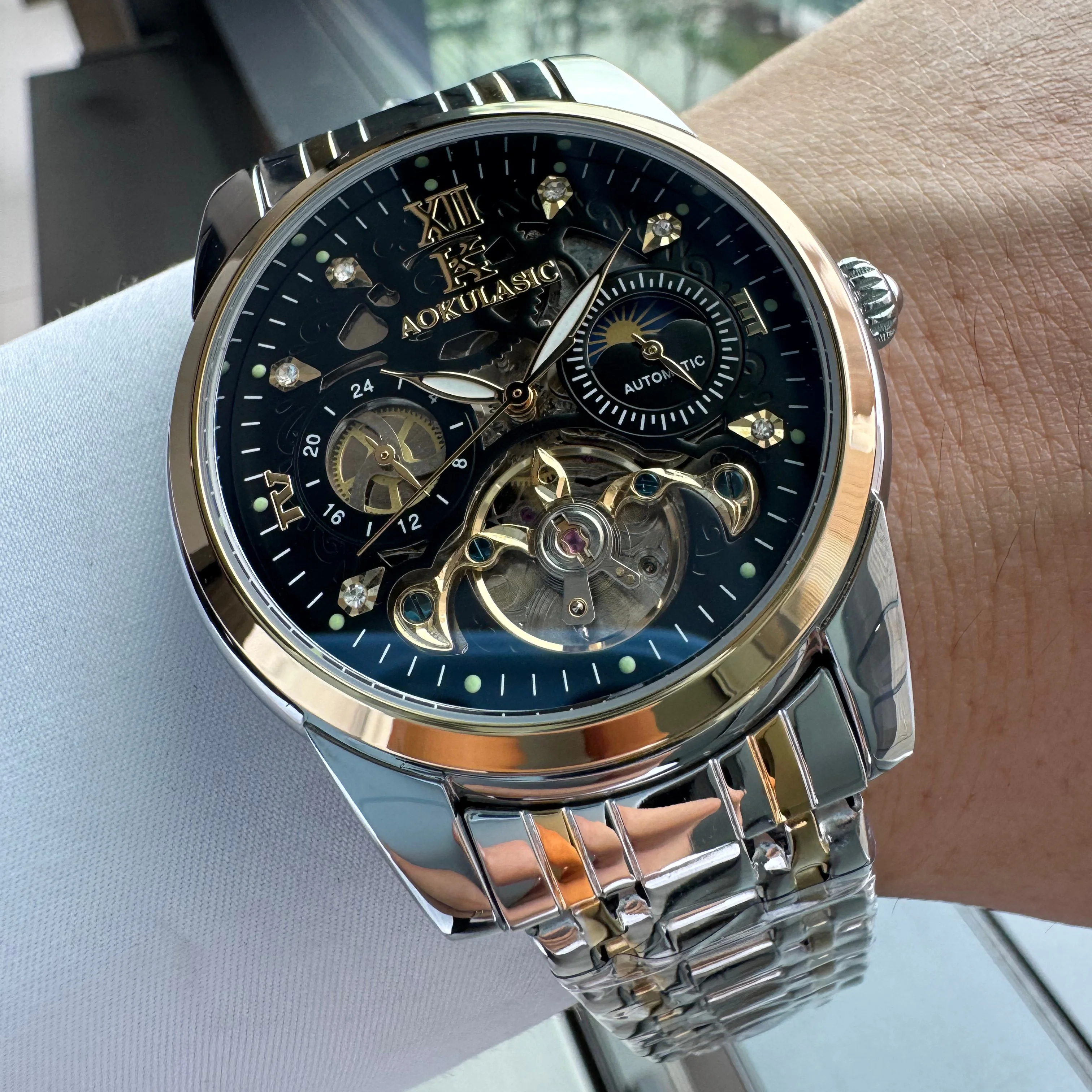 

AOKULASIC Fashion Tourbillon Mens Watches Top Brand Luxury Skeleton Automatic Mechanical Watch Stainless Steel Strap Wristwatch