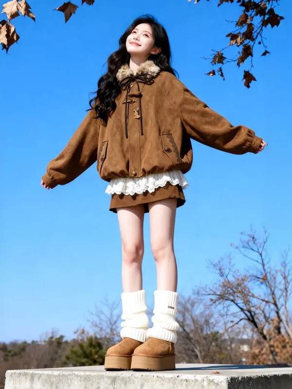 

Уникальный комплект из двух предметов: укороченный хлопковый жакет и юбка, весенний тренд, дизайн с цветочными бутонами, без капюшона, в корейском стиле