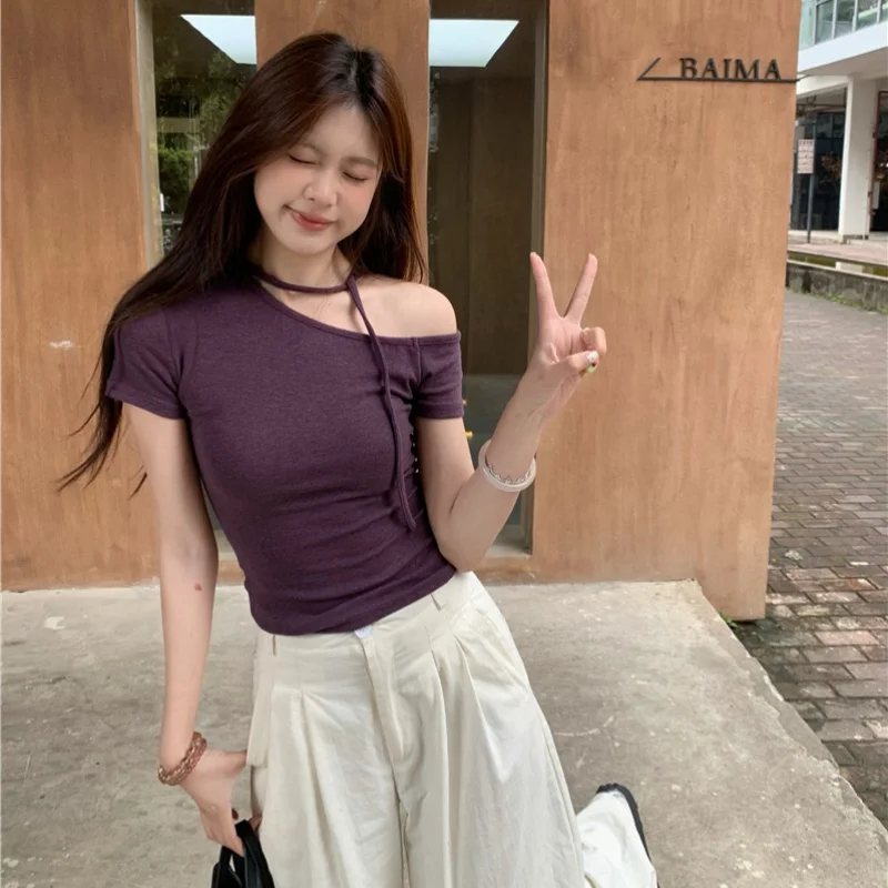 Sexy Off Shoulder Y2K women's t-shirts Kpop Kwaii Goth Harajuku Vintage Cheap Clothes Cute Streetwear Tees  Tshirt Crop Tops