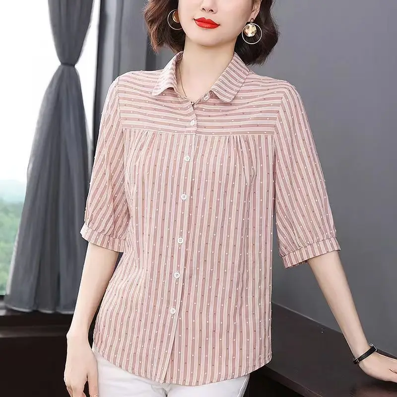 Women\'s Korean Fashion Striped Print Button Up Shirt Elegant Commute Half Sleeve Blouse Summer Casual Loose Tops Blusas De Mujer