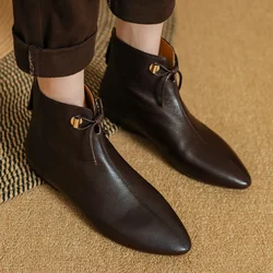Women's sheepskin lace-up back zip autumn ankle boots pointed toe casual female high quality soft comfortable short booties shoe