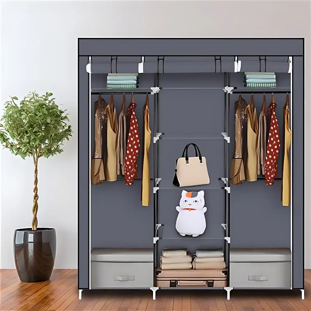 

69-дюймовый портативный многослойный органайзер для хранения в шкафу из нетканого материала с подвесным стержнем и пылезащитным чехлом, легко собирается, серый