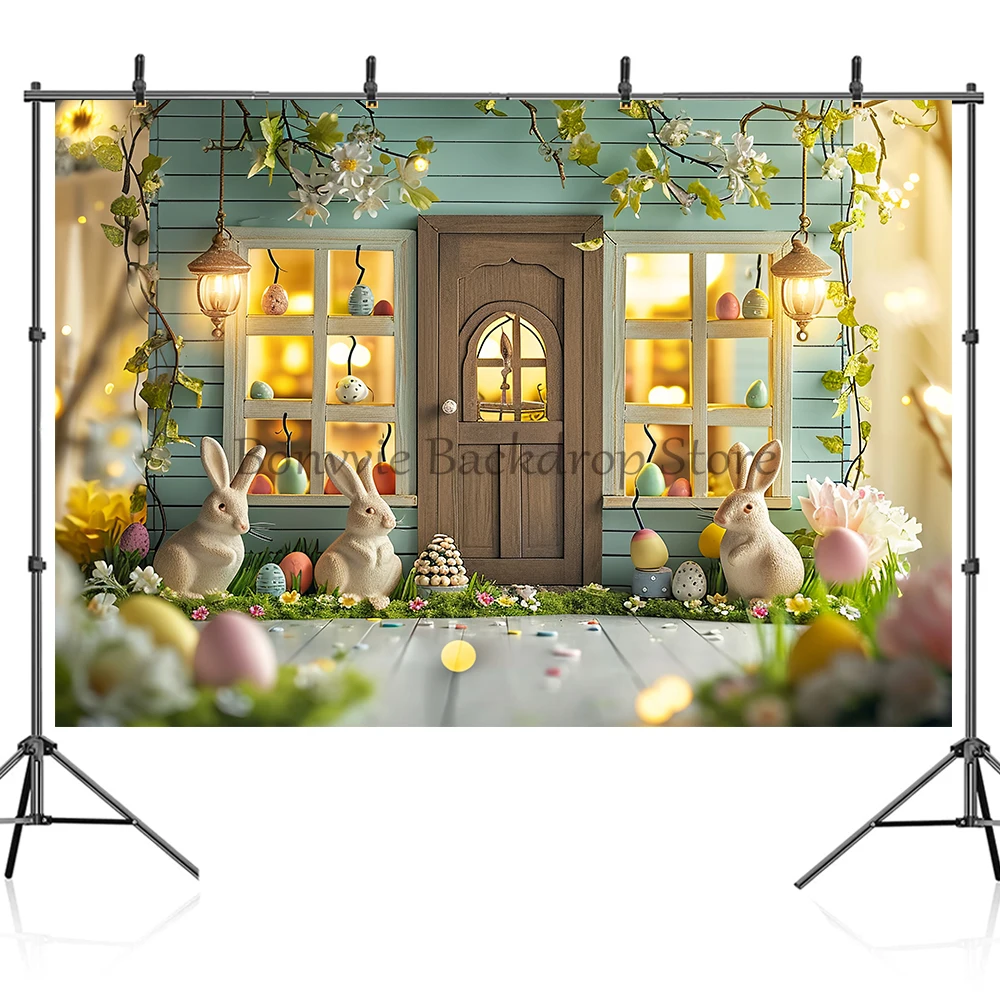 Bonvvie Spring Easter Backdrop Photography kids Portrait Newborn Shower Background Wooden Door Flower Egg Decor Photo Studio