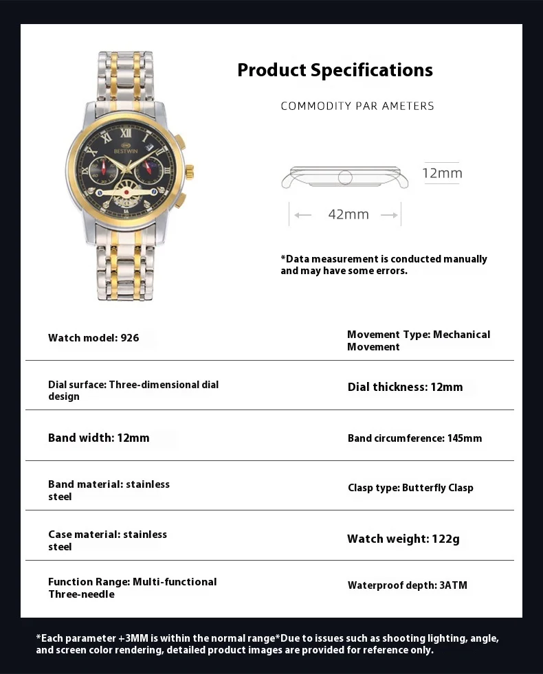 BESTWIN 926 ساعة رجالية عصرية بإضاءة ليلية من الفولاذ المقاوم للصدأ وتقويم مرحلة القمر للأعمال ساعات آلية مقاومة للماء للرجال