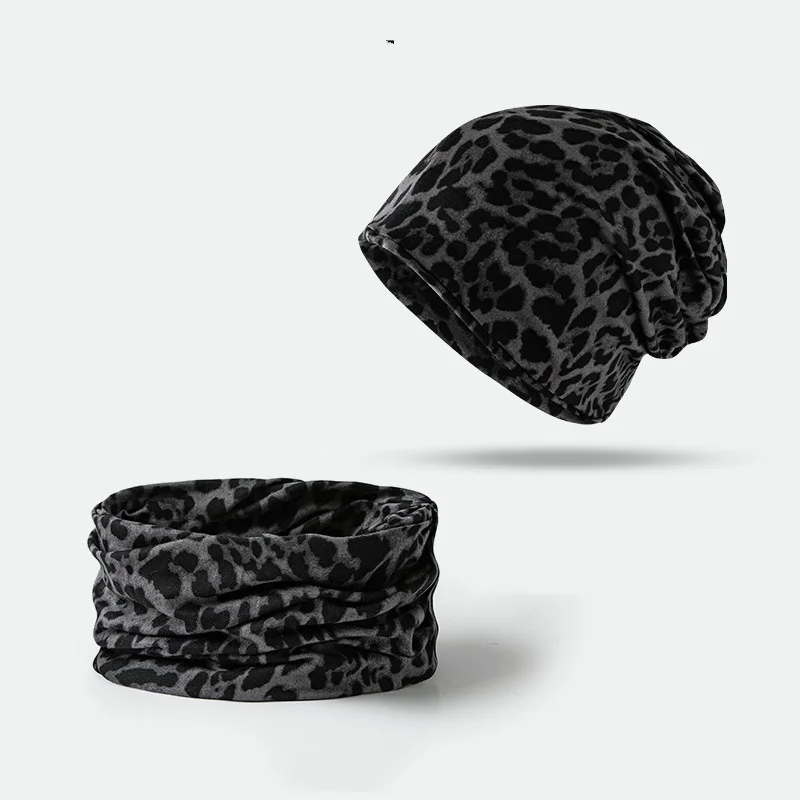 Men's and Women's Fashion Leopard-print Pile Hats Retro Hundred Fashion Small Cap Riding Cap Bib One Hat Warm Knit Cap