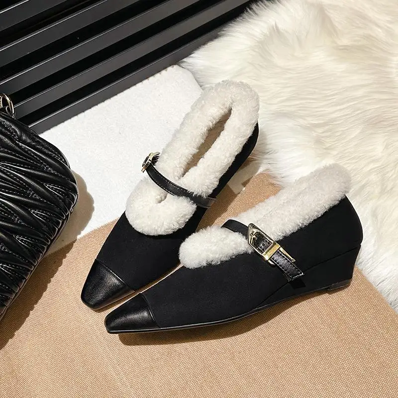 MoonMeek Kid Suede Mary Janes Wedges Pumps Women Shoes Pointed Toe Buckle Wool Insole Warm Winter Fashion Casual Daily Shoes