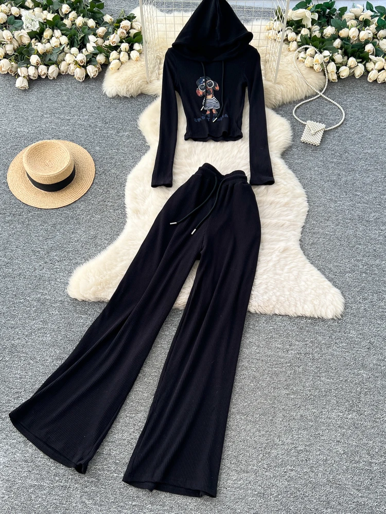 Set da donna in due pezzi lavorato a maglia drappeggiato a vita alta con cappuccio stampato ort Top pantaloni a gamba larga Autunno Inverno Faion Ensemble