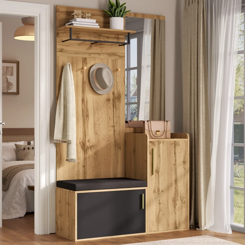 PINGGO Kompakter Kleiderschrank mit Spiegel und Sitzfläche, Kleiderschrank mit Schuhregal und Haken, kompakter Kleiderschrank, der an der Wand bohren muss – Detail 4