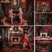 Mocsicka Red Christmas Fireplace Background Photography Xmas Tree Gift Candle Background Decor Winter Family Indoor Photo Studio