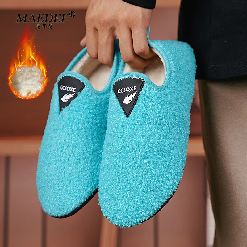 MAEDEF Winter Plush Slippers for Men Antiskid Warm Women's Slipper Indoor Black Fluffy Flat Home Bedroom Casual Shoe Furry Shoes