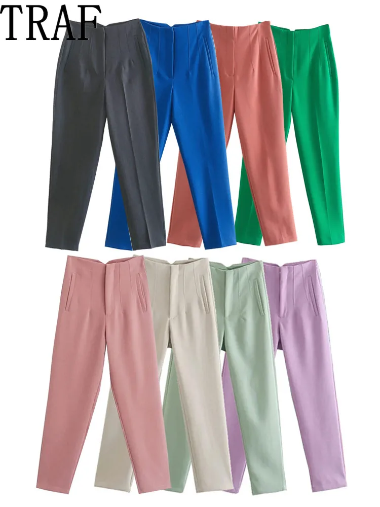 TRAF-pantalones de cintura alta para mujer, ropa de oficina, holgada, Multicolor, color blanco y negro, 2022