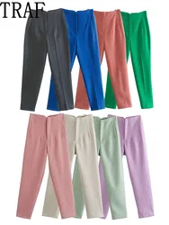 TRAF-pantalones de cintura alta para mujer, ropa de oficina, holgada, Multicolor, color blanco y negro, 2022