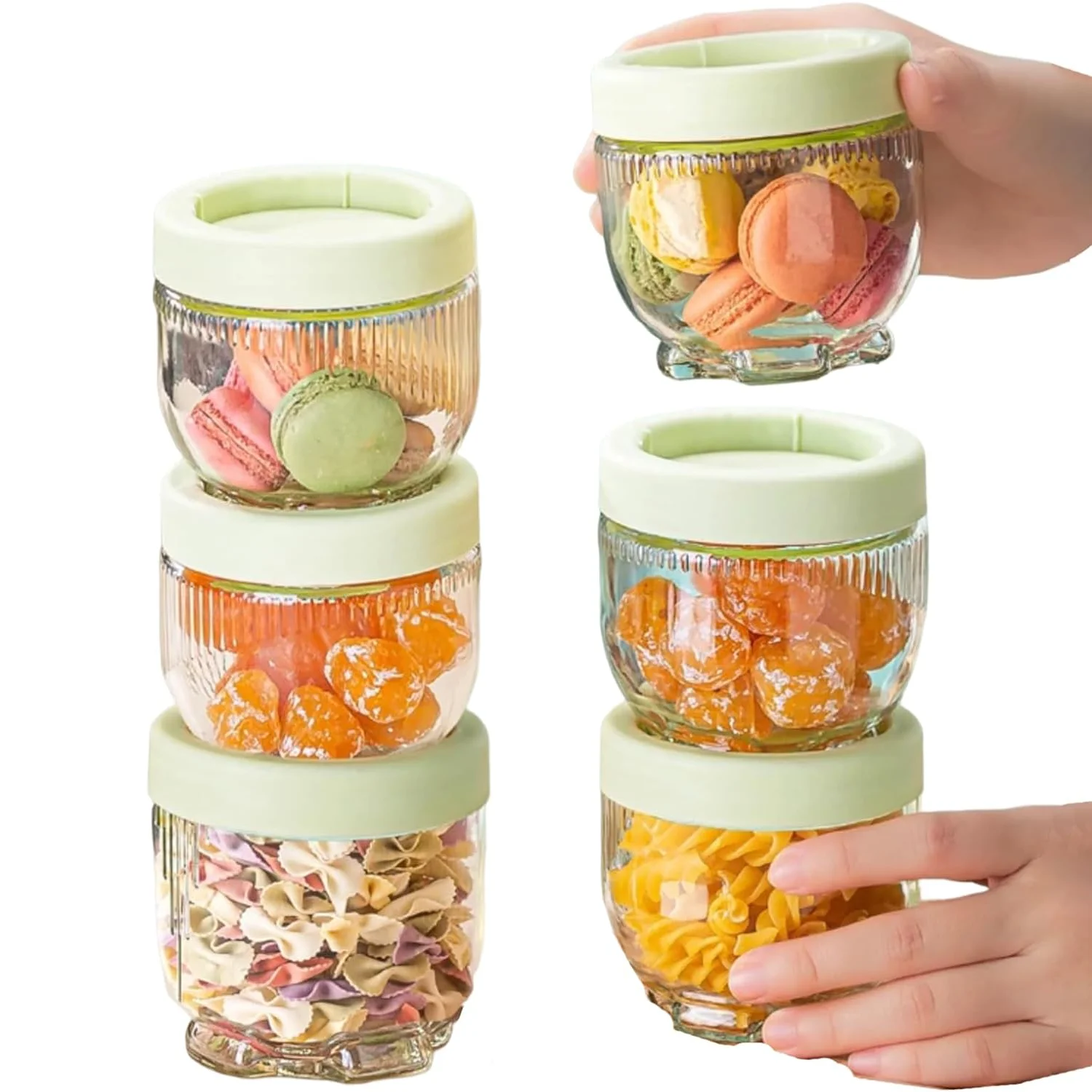 6 Pack Stackable Glass Airtight Food Storage Jars, with Snap Function Screw Lid for Fruit Cereal Coffee Bean Spice Sugar Yogurt