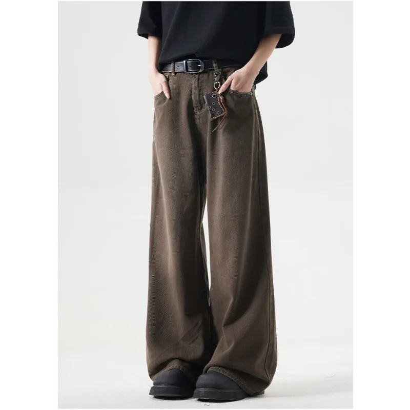 

Foufurieux Spring Fashion 2025 Brown Washed Denim Straight Leg Men's New American Style Cleanfit Wide Leg Pants Male Clothing
