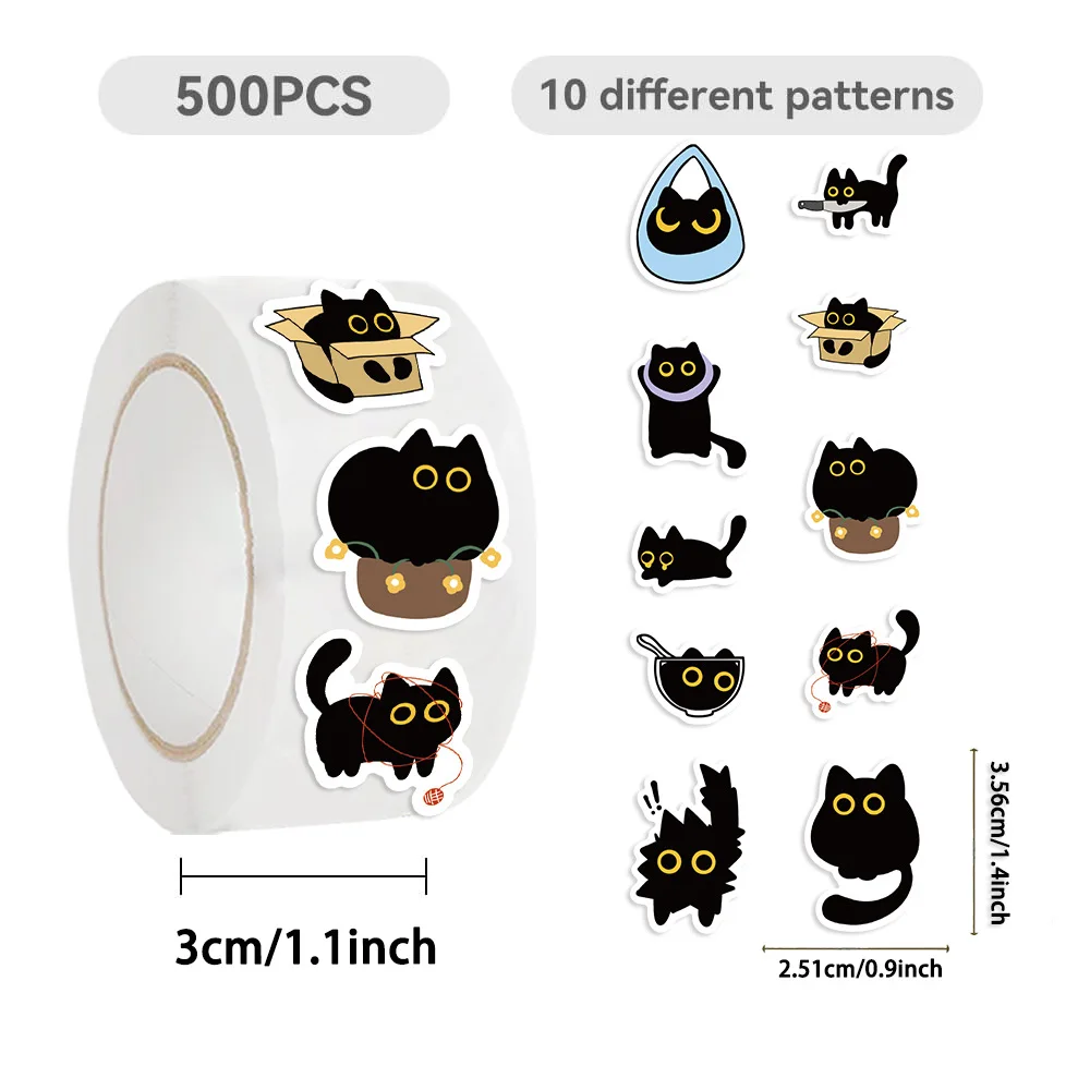 500 pçs dez padrões diferentes gato preto rolo adesivos pequeno padrão decoração diy bagagem skate copo de água adesivos