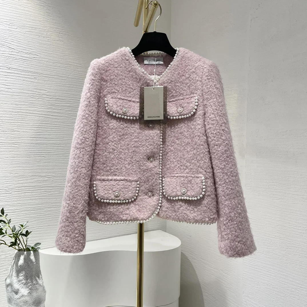 

2024 New Autumn Pearls Beading Ivory Long Sleeve Tweed Down Korean Jacket for Women