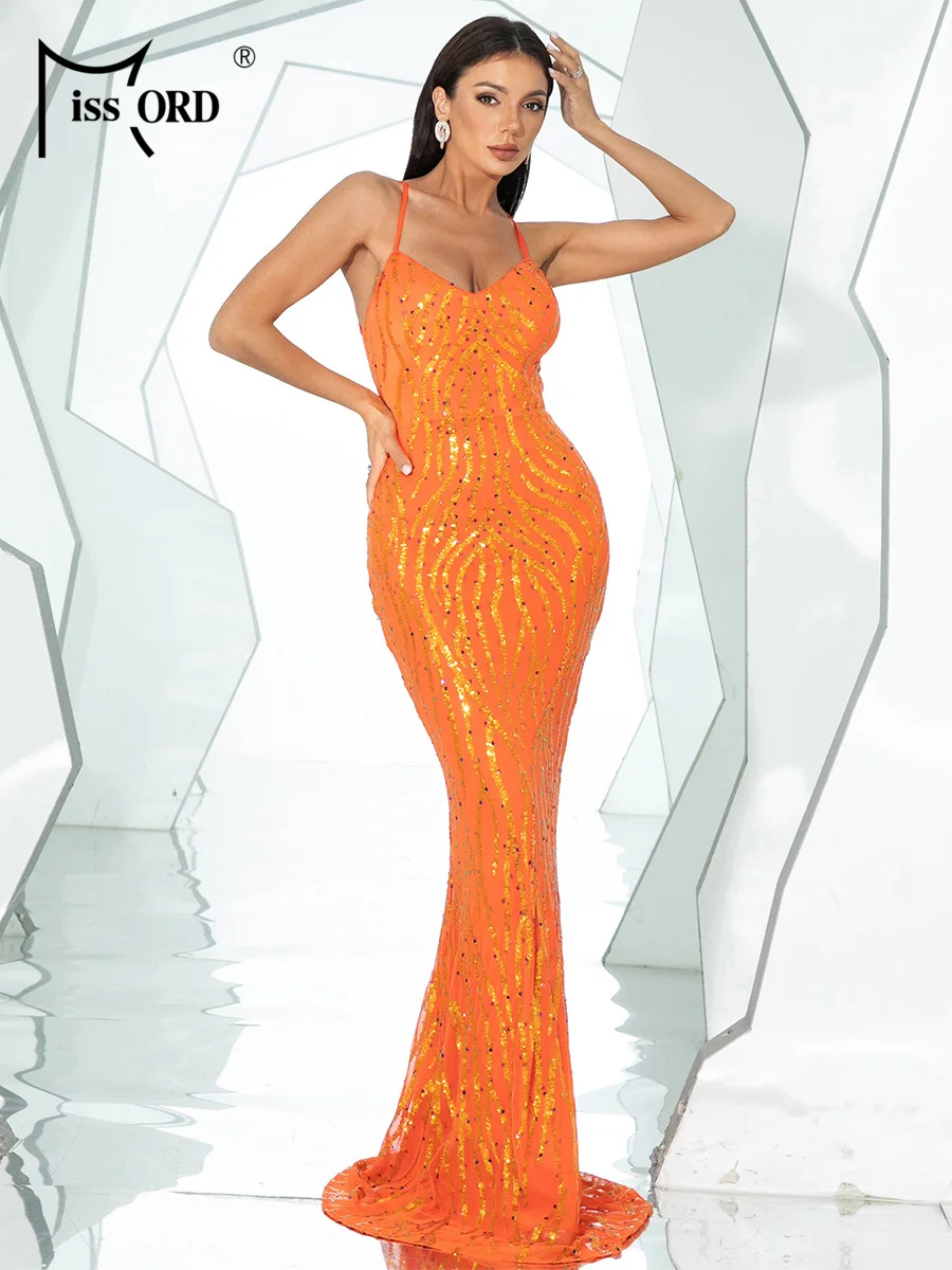 Missord Lace Up Orange Sequin Bodycon Maxi Mermaid Cocktail Evening Dress