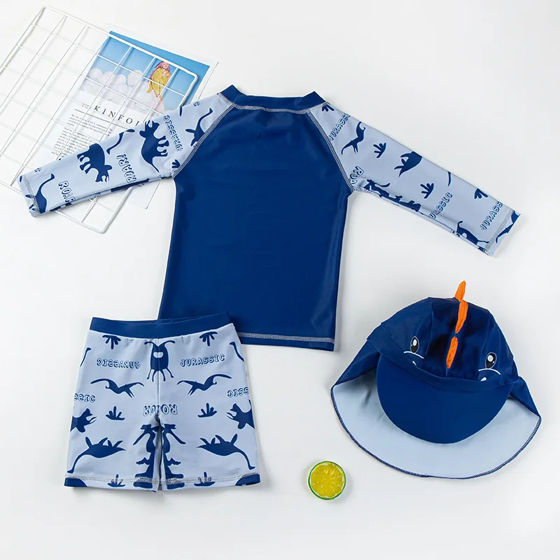 Children\'s Long Sleeves Split Bathing Suit Korean Version Boys Sunglasses Dinosaurs Pattern Beach Swimsuit Three-piece Set