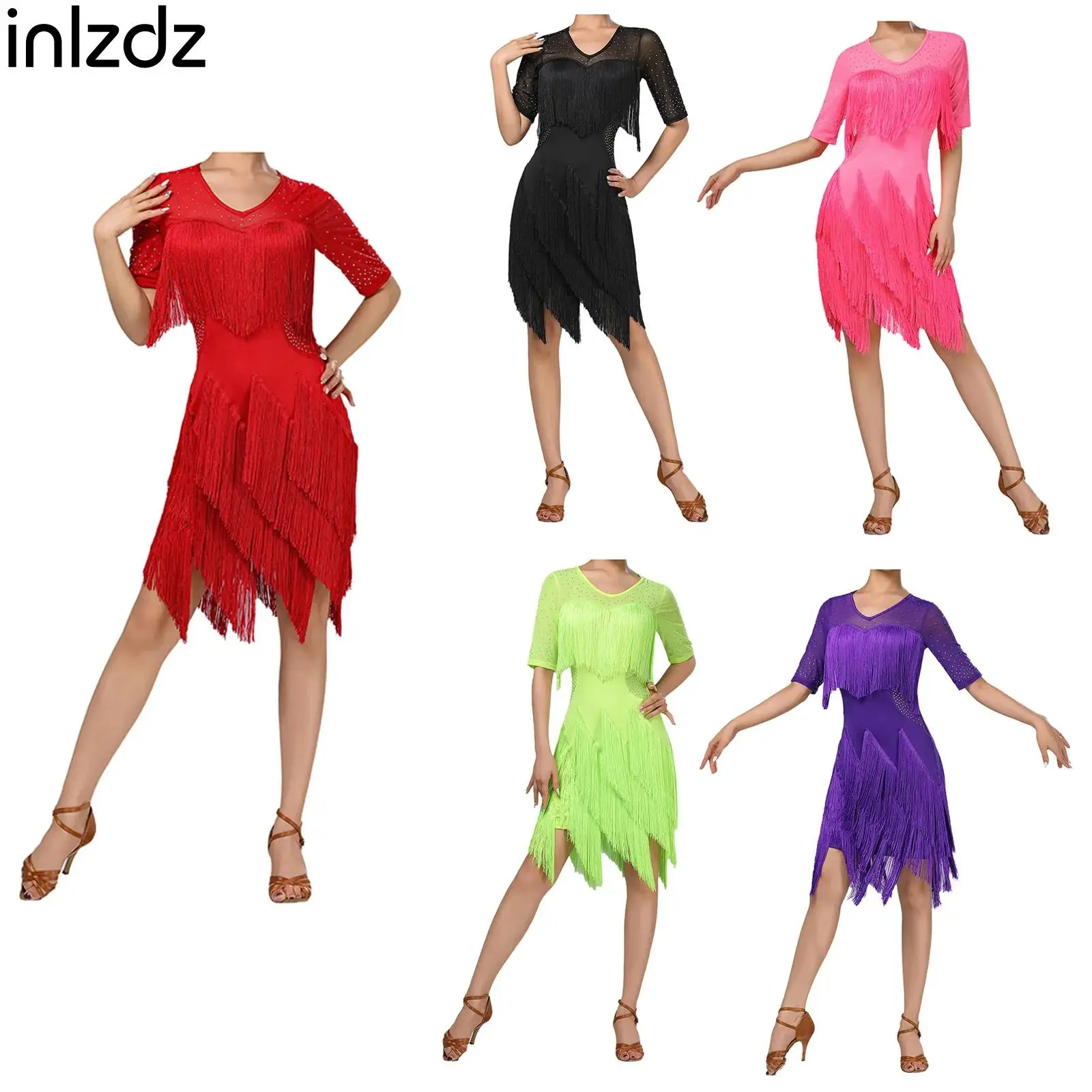 

Womens Glittery Rhinestone Mesh Chacha Rumba Samba Dancewear Latin Tango Tassel Dress Short Sleeve Irregular Hem Fringe Dresses
