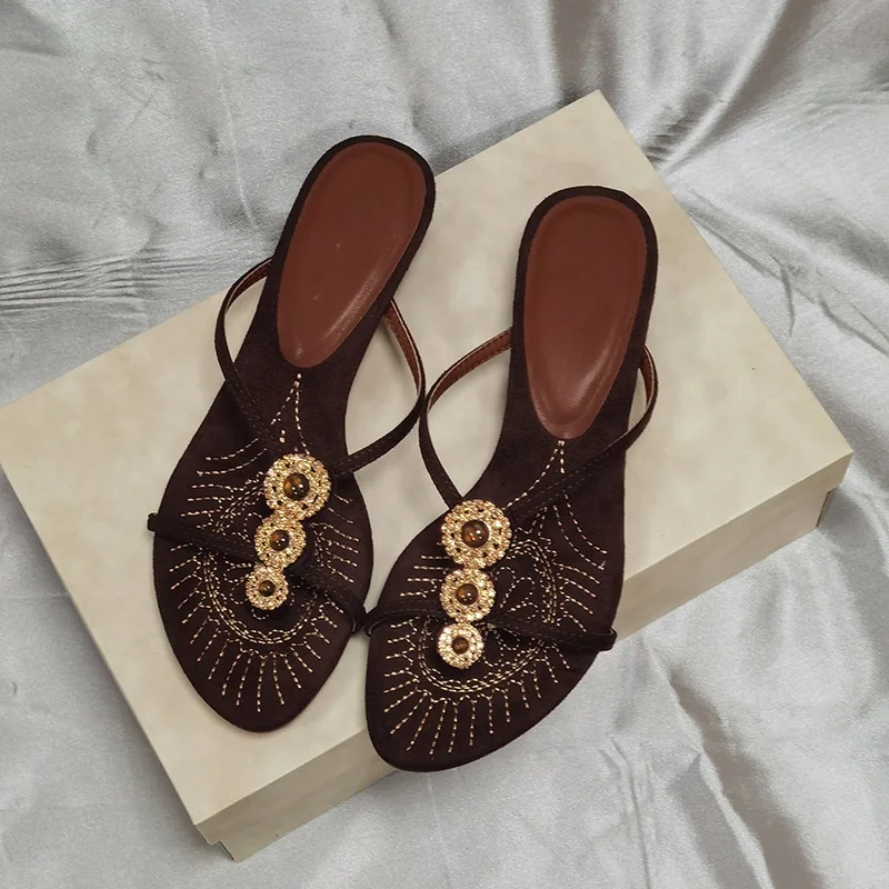 

Crystal Cross-tied Slippers Embroidered Shallow Low-heeled Flip-flops Rhinestones Clip-toe Fashion Outdoor Shoes New Summer