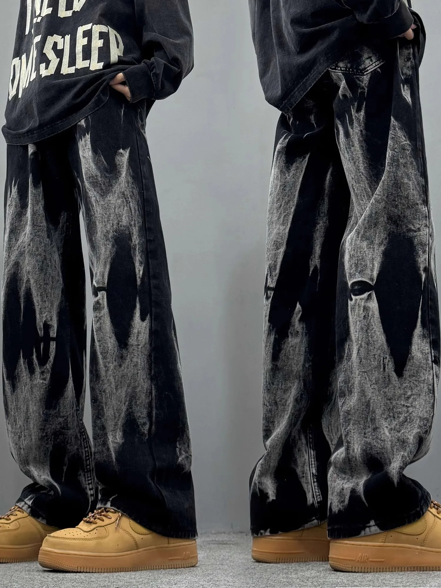 

Black Gradient Dyed Men's Jeans High Street Vibe Loose Wide Leg Straight Cut Casual Cotton Polyester Blend Wear Resistant