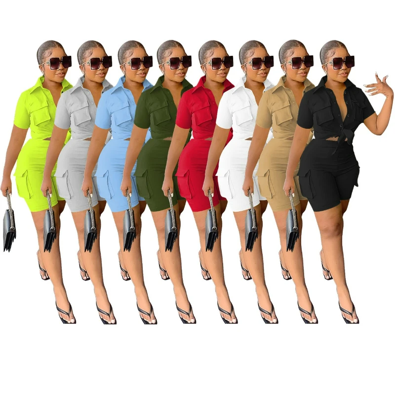 Women Shorts Two Piece Set Turn Down Collar Shirt Button Lace Up High Waist Short Sets Pockets Elegant Lady Streetwear Suit