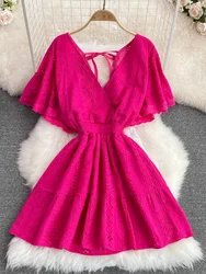 Summer Korean Hollowed-out Deep V-neck Waistband Show Thin Ruffle Sleeve A-line Seaside Holiday Beach Mini Dress  D3089