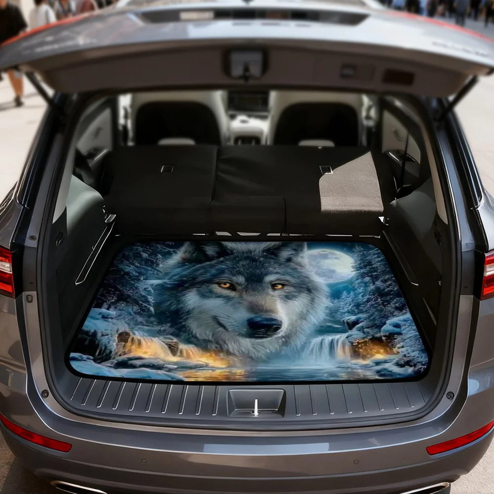 1pc Vehicle Cargo Floor Mat With Wolf Moon Forest Lake Graphic, Universal Trunk Liner For SUV, Sedan, Or Hatchback, Perfect For