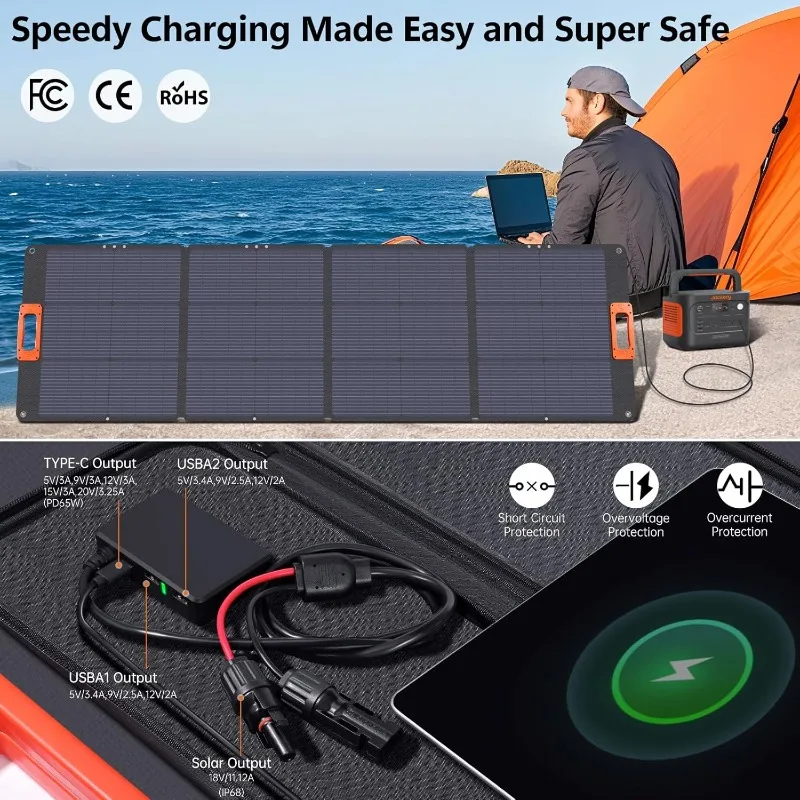 لوحة شمسية محمولة N-Type 16BB 200W لمحطة طاقة EF/Jackery، لوحة شمسية ETFE USB-A & Type-C IP68 25% High Ef #3