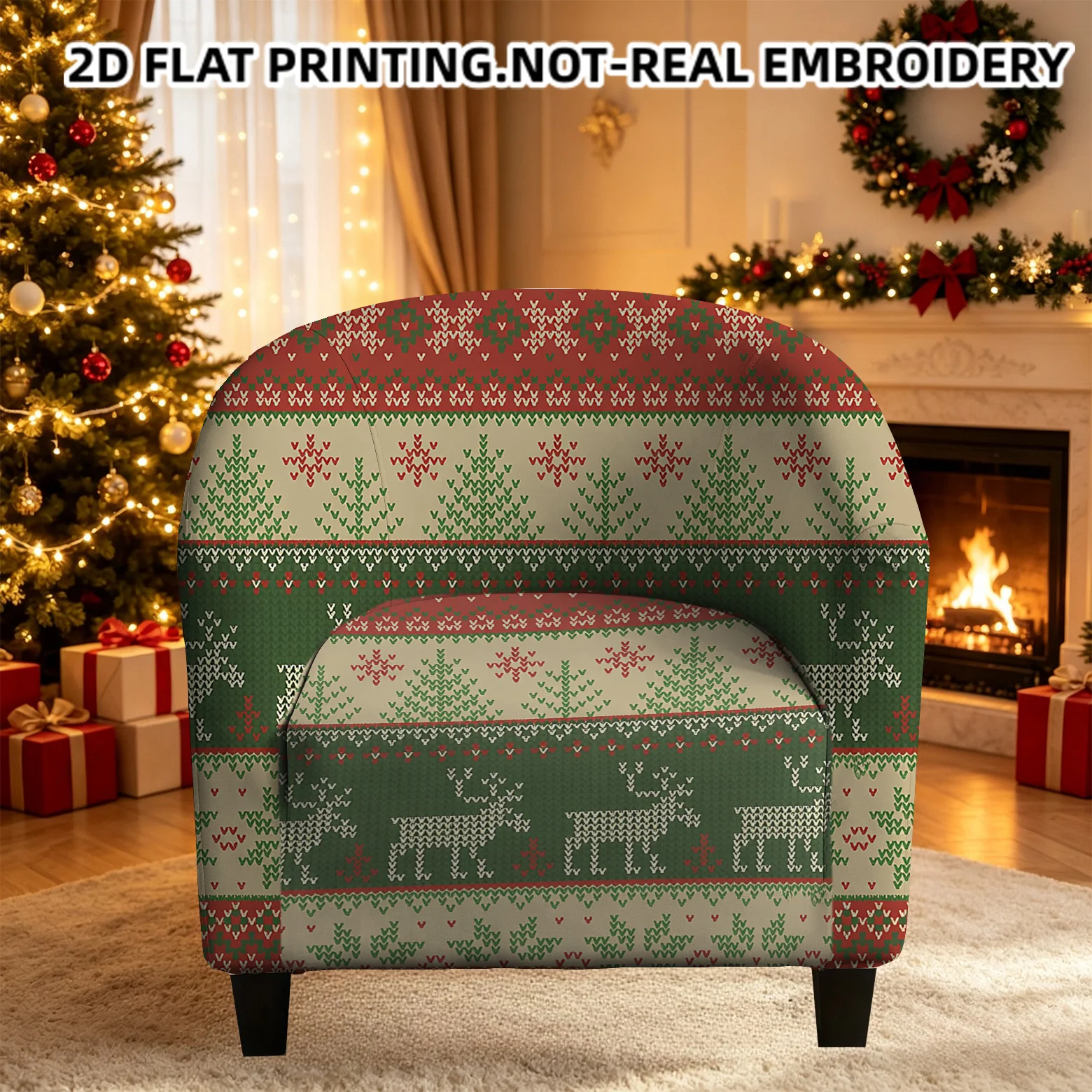 Vintage Christmas Fair Isle Seamless Imitation Knitted Pattern Armrest Sofa Cover, 2D printed elastic Single Club Sofa Cover