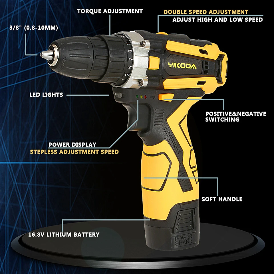 YIKODA 16.8V Rechargeable Cordless Drill Electric Screwdriver Lithium Battery Household Multi-function 2 Speed Power Tools