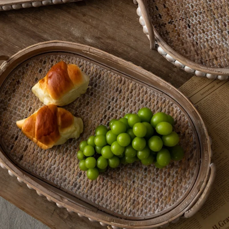 

Handcrafted Retro Woven Tray Portable Food Serving Storage Trays Rectangular Fruit Plate Tea Plate Solid Wood Plate