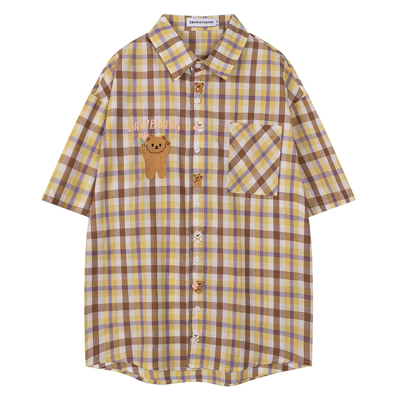

Summer Mens American Plaid Shirts Hip Hop Cartoon Embroidery Vintage Blouses Harajuku Streetwear Casual Fashion Loose Shirts